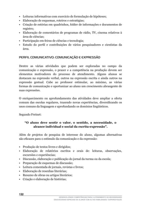 •	 Leituras	informativas	com	exercício	de	formulação	de	hipóteses;
•	 Elaboração	de	esquemas,	roteiros	e	estratégias;
•	 Criação	de	estórias	em	quadrinhos,	folder	de	informações	e	documentos	de	
   registro;
•	 Elaboração	 de	 comentários	 de	 programas	 de	 rádio,	 TV,	 cinema	 relativos	 à	
   área de ciências;
• Participação em feiras de ciências e tecnologia;
•	 Estudo	 do	 perfil	 e	 contribuições	 de	 vários	 pesquisadores	 e	 cientistas	 da	
   área.

PERFIL COMUNICATIVO: COMUNICAÇÃO E EXPRESSÃO

Dentre as várias atividades que podem ser exploradas no campo da
comunicação	 e	 expressão,	 o	 prazer	 e	 a	 competência	 na	 produção	 devem	 ser	
elementos motivadores do processo de atendimento. Alguns alunos se
destacam	 na	 expressão	 verbal,	 outros	 na	 expressão	 escrita	 e	 ainda	 outros	 na	        	
expressão	 	 gestual.	 	 Cabe	 	 ao	 	 professor	 	 estimular,	 	 ao	 	 máximo,	 	 as	 	 várias	
formas de comunicação e oportunizar ao aluno um crescimento abrangente de
suas expressões.

O	 enriquecimento	 ou	 aprofundamento	 das	 atividades	 deve	 ampliar	 a	 oferta	
comum	 das	 escolas	 regulares,	 trazendo	 novas	 experiências,	 diversificando	 os	
usos	comuns	da	linguagem	e	aprofundando	os	domínios	lingüísticos.

Segundo Freinet:

      “O aluno deve sentir o valor, o sentido, a necessidade, o
           alcance individual e social da escrita-expressão”.

Além		de		projetos		de		pesquisa		de		interesse		do		aluno,		algumas		alternativas	
são	eficazes	para	o	estímulo	da	comunicação	e	da	expressão:

• Produção de textos livres e dirigidos;
•	 Elaboração	 	 de	 	 relatórios	 	 escritos	 	 e	 	 orais	 	 de:	 	 leituras,	 	 observações,	
   excursões e experiências;
•	 Discussão,	elaboração	e	publicação	do	jornal	da	turma	ou	da	escola;
• Preparação de esquemas de discussão;
•	 Leitura	comentada	de	jornais,	revistas	e	livros;
• Elaboração de resenhas literárias;
• Resumo de obras ou artigos literários;
• Criação e elaboração de histórias;




132
                                    DESENVOLVENDO COMPETÊNCIAS PARA O ATENDIMENTO ÀS NECESSIDADES
                                EDUCACIONAIS ESPECIAIS DE ALUNOS COM ALTAS HABILIDADES / SUPERDOTAÇÃO
 