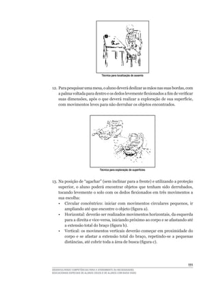Técnica para localização de assento



12.	Para	pesquisar	uma	mesa,	o	aluno	deverá	deslizar	as	mãos	nas	suas	bordas,	com	
    a	palma	voltada	para	dentro	e	os	dedos	levemente	flexionados	a	fim	de	verificar	
    suas	dimensões,	após	o	que	deverá	realizar	a	exploração	de	sua	superfície,	
    com movimentos leves para não derrubar os objetos encontrados.




                                     Técnica para exploração de superfícies



13.	Na	posição	de	“agachar”	(sem	inclinar	para	a	frente)	e	utilizando	a	proteção	
    superior,	 o	 aluno	 poderá	 encontrar	 objetos	 que	 tenham	 sido	 derrubados,	
    tocando	levemente	o	solo	com	os	dedos	flexionados	em	três	movimentos	a	
    sua escolha:
	 •	 Circular	 concêntrico:	 iniciar	 com	 movimentos	 circulares	 pequenos,	 ir	
       ampliando	até	que	encontre	o	objeto	(figura	a).
	 •	 Horizontal:	deverão	ser	realizados	movimentos	horizontais,	da	esquerda	
       para	a	direita	e	vice-versa,	iniciando	próximo	ao	corpo	e	se	afastando	até	
       a	extensão	total	do	braço	(figura	b).
    • Vertical: os movimentos verticais deverão começar em proximidade do
       corpo	 e	 se	 afastar	 a	 extensão	 total	 do	 braço,	 repetindo-se	 a	 pequenas	
       distâncias,	até	cobrir	toda	a	área	de	busca	(figura	c).




                                                                                    111
DESENVOLVENDO COMPETÊNCIAS PARA O ATENDIMENTO ÀS NECESSIDADES
EDUCACIONAIS ESPECIAIS DE ALUNOS CEGOS E DE ALUNOS COM BAIXA VISÃO
 