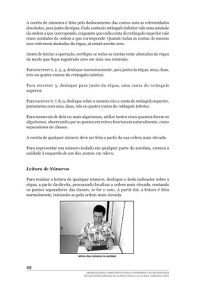 A	escrita	de	números	é	feita	pelo	deslocamento	das	contas	com	as	extremidades	
dos	dedos,	para	junto	da	régua.	Cada	conta	do	retângulo	inferior	vale	uma	unidade	
da	ordem	a	que	corresponde,	enquanto	que	cada	conta	do	retângulo	superior	vale	
cinco unidades da ordem a que corresponde. Quando todas as contas do mesmo
eixo	estiverem	afastadas	da	régua,	aí	estará	escrito	zero.

Antes	de	iniciar	a	operação,	verifique	se	todas	as	contas	estão	afastadas	da	régua	
de	modo	que	fique	registrado	zero	em	toda	sua	extensão.

Para	escrever	1,	2,	3,	4,	desloque	sucessivamente,	para	junto	da	régua,	uma,	duas,	
três	ou	quatro	contas	do	retângulo	inferior.

Para	 escrever	 5,	 desloque	 para	 junto	 da	 régua,	 uma	 conta	 do	 retângulo	
superior.

Para	escrever	6,	7,	8,	9,	desloque	sobre	o	mesmo	eixo	a	conta	do	retângulo	superior,	
juntamente	com	uma,	duas,	três	ou	quatro	contas	do	retângulo	inferior.

Para	numerais	de	dois	ou	mais	algarismos,	utilize	tantos	eixos	quantos	forem	os	
algarismos,	observando	que	os	pontos	em	relevo	funcionam	naturalmente,	como	
separadores de classes.

A	escrita	de	qualquer	número	deve	ser	feita	a	partir	da	sua	ordem	mais	elevada.

Para	representar	um	número	isolado	em	qualquer	parte	do	soroban,	escreva	a	
unidade à esquerda de um dos pontos em relevo.


Leitura de Números

Para	realizar	a	leitura	de	qualquer	número,	desloque	o	dedo	indicador	sobre	a	
régua,	a	partir	da	direita,	procurando	localizar	a	ordem	mais	elevada,	contando	
os	pontos	separadores	das	classes,	se	for	o	caso.	A	partir	daí,	a	leitura	é	feita	
normalmente,	iniciando-se	pela	ordem	mais	elevada.




                              Leitura dos números no soroban


122
                                    DESENVOLVENDO COMPETÊNCIAS PARA O ATENDIMENTO ÀS NECESSIDADES
                                  EDUCACIONAIS ESPECIAIS DE ALUNOS CEGOS E DE ALUNOS COM BAIXA VISÃO
 