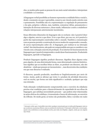 eles,	os	modos	pelos	quais	as	pessoas	do	seu	meio	social	entendem	e	interpretam	
a realidade e a si mesmas.

A	linguagem	verbal	possibilita	ao	homem	representar	a	realidade	física	e	social	e,	
desde	o	momento	em	que	é	aprendida,	conserva	um	vínculo	muito	estreito	com	
o pensamento. Possibilita não só a representação e a regulação do pensamento
e	da	ação,	próprios	e	alheios,	mas,	também,	comunicar	idéias,	pensamentos	e	
intenções	de	diversas	naturezas	e,	desse	modo,	influenciar	o	outro	e	estabelecer	
relações interpessoais anteriormente inexistentes.

Essas	diferentes	dimensões	da	linguagem	não	se	excluem:	não	é	possível	dizer	
algo	a	alguém,	sem	ter	o	que	dizer.	E	ter	o	que	dizer,	por	sua	vez,	só	é	possível	a	
partir	das	representações	construídas	sobre	o	mundo.	Também	a	comunicação	
com	as	pessoas	permite	a	construção	de	novos	modos	de	compreender	o	mundo,	
de	 novas	 representações	 sobre	 ele.	 A	 linguagem,	 por	 realizar-se	 na	 interação	
verbal15		dos	interlocutores,	não	pode	ser	compreendida	sem	que	se	considere	o	seu	
vínculo	com	a	situação	concreta	de	produção.	É	no	interior	do	funcionamento	da	
linguagem	que	é	possível	compreender	o	modo	desse	funcionamento.	Produzindo	
linguagem,	aprende-se	linguagem.

Produzir	 linguagem	 significa	 produzir	 discursos.	 Significa	 dizer	 alguma	 coisa	
para	alguém,	de	uma	determinada	forma,	num	determinado	contexto	histórico.	
Isso	significa	que	as	escolhas	feitas	ao	dizer,	ao	produzir	um	discurso,	não	são	
aleatórias	–	ainda	que	possam	ser	inconscientes	-	,	mas	decorrentes	das	condições	
em	que	esse	discurso	é	realizado.

O	 discurso,	 quando	 produzido,	 manifesta-se	 lingüisticamente	 por	 meio	 de	
textos.	 Assim,	 pode-se	 afirmar	 que	 texto	 é	 o	 produto	 da	 atividade	 discursiva	
oral	ou	escrita,	que	forma	um	todo	significativo	e	acabado,	qualquer	que	seja	
sua extensão.

Toda	 educação	 verdadeiramente	 comprometida	 com	 o	 exercício	 da	 cidadania	
precisa	criar	condições	para	o	desenvolvimento	da	capacidade	de	uso	eficaz	da	
linguagem,	que	satisfaça	necessidades	pessoais	–	que	podem	estar	relacionadas	
às	ações	efetivas	do	cotidiano,	à	transmissão	e	busca	de	informação,	ao	exercício	
da	reflexão.	De	modo	geral,	os	textos	são	produzidos,	lidos	e	ouvidos	em	razão	




 	Interação	verbal,	aqui,	é	entendida	como	toda	e	qualquer	comunicação	que	se	realiza	pela	linguagem,	tanto	as	
15

que	acontecem	na	presença	(física),	como	na	ausência	do	interlocutor.	É	interação	verbal	tanto	a	conversação,	
quanto	uma	conferência	ou	uma	produção	escrita,	pois	todas	são	dirigidas	a	alguém,	ainda	que	esse	alguém	
seja virtual.




                                                                                                          12
DESENVOLVENDO COMPETÊNCIAS PARA O ATENDIMENTO ÀS NECESSIDADES
EDUCACIONAIS ESPECIAIS DE ALUNOS CEGOS E DE ALUNOS COM BAIXA VISÃO
 