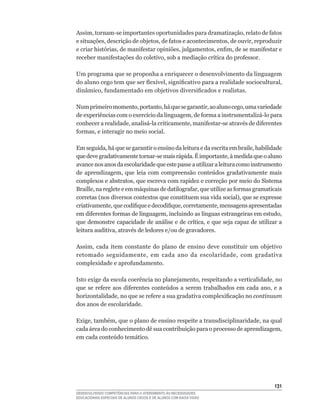 Assim,	tornam-se	importantes	oportunidades	para	dramatização,	relato	de	fatos	
e	situações,	descrição	de	objetos,	de	fatos	e	acontecimentos,	de	ouvir,	reproduzir	
e	criar	histórias,	de	manifestar	opiniões,	julgamentos,	enfim,	de	se	manifestar	e	
receber	manifestações	do	coletivo,	sob	a	mediação	crítica	do	professor.

Um programa que se proponha a enriquecer o desenvolvimento da linguagem
do	aluno	cego	tem	que	ser	flexível,	significativo	para	a	realidade	sociocultural,	
dinâmico,	fundamentado	em	objetivos	diversificados	e	realistas.

Num	primeiro	momento,	portanto,	há	que	se	garantir,	ao	aluno	cego,	uma	variedade	
de	experiências	com	o	exercício	da	linguagem,	de	forma	a	instrumentalizá-lo	para	
conhecer	a	realidade,	analisá-la	criticamente,	manifestar-se	através	de	diferentes	
formas,	e	interagir	no	meio	social.

Em	seguida,	há	que	se	garantir	o	ensino	da	leitura	e	da	escrita	em	braile,	habilidade	
que	deve	gradativamente	tornar-se	mais	rápida.	É	importante,	à	medida	que	o	aluno	
avance nos anos da escolaridade que este passe a utilizar a leitura como instrumento
de	 aprendizagem,	 que	 leia	 com	 compreensão	 conteúdos	 gradativamente	 mais	
complexos	e	abstratos,	que	escreva	com	rapidez	e	correção	por	meio	do	Sistema	
Braille,	na	reglete	e	em	máquinas	de	datilografar,	que	utilize	as	formas	gramaticais	
corretas	(nos	diversos	contextos	que	constituem	sua	vida	social),	que	se	expresse	
criativamente,	que	codifique	e	decodifique,	corretamente,	mensagens	apresentadas	
em	diferentes	formas	de	linguagem,	incluindo	as	línguas	estrangeiras	em	estudo,	
que	demonstre	capacidade	de	análise	e	de	crítica,	e	que	seja	capaz	de	utilizar	a	
leitura	auditiva,	através	de	ledores	e/ou	de	gravadores.

Assim,	 cada	 item	 constante	 do	 plano	 de	 ensino	 deve	 constituir	 um	 objetivo	
retomado	 seguidamente,	 em	 cada	 ano	 da	 escolaridade,	 com	 gradativa	
complexidade	e	aprofundamento.

Isto	exige	da	escola	coerência	no	planejamento,	respeitando	a	verticalidade,	no	
que	 se	 refere	 aos	 diferentes	 conteúdos	 a	 serem	 trabalhados	 em	 cada	 ano,	 e	 a	
horizontalidade,	no	que	se	refere	a	sua	gradativa	complexificação	no	continuum
dos anos de escolaridade.

Exige,	também,	que	o	plano	de	ensino	respeite	a	transdisciplinaridade,	na	qual	
cada	área	do	conhecimento	dê	sua	contribuição	para	o	processo	de	aprendizagem,	
em	cada	conteúdo	temático.




                                                                                     131
DESENVOLVENDO COMPETÊNCIAS PARA O ATENDIMENTO ÀS NECESSIDADES
EDUCACIONAIS ESPECIAIS DE ALUNOS CEGOS E DE ALUNOS COM BAIXA VISÃO
 