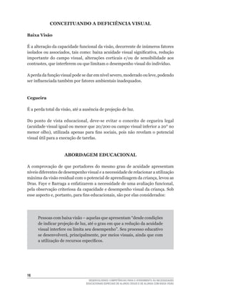 CONCEITUANDO A DEFICIÊNCIA VISUAL

Baixa Visão

É	a	alteração	da	capacidade	funcional	da	visão,	decorrente	de	inúmeros	fatores	
isolados	ou	associados,	tais	como:	baixa	acuidade	visual	significativa,	redução	
importante	 do	 campo	 visual,	 alterações	 corticais	 e/ou	 de	 sensibilidade	 aos	
contrastes,	que	interferem	ou	que	limitam	o	desempenho	visual	do	indivíduo.

A	perda	da	função	visual	pode	se	dar	em	nível	severo,	moderado	ou	leve,	podendo	
ser	influenciada	também	por	fatores	ambientais	inadequados.



Cegueira

É	a	perda	total	da	visão,	até	a	ausência	de	projeção	de	luz.

Do	 ponto	 de	 vista	 educacional,	 deve-se	 evitar	 o	 conceito	 de	 cegueira	 legal	
(acuidade	visual	igual	ou	menor	que	20/200	ou	campo	visual	inferior	a	20°	no	
menor	 olho),	 utilizada	 apenas	 para	 fins	 sociais,	 pois	 não	 revelam	 o	 potencial	
visual	útil	para	a	execução	de	tarefas.



                      ABORDAGEM EDUCACIONAL

A comprovação de que portadores do mesmo grau de acuidade apresentam
níveis	diferentes	de	desempenho	visual	e	a	necessidade	de	relacionar	a	utilização	
máxima	da	visão	residual	com	o	potencial	de	aprendizagem	da	criança,	levou	as	
Dras.	Faye	e	Barraga	a	enfatizarem	a	necessidade	de	uma	avaliação	funcional,	
pela observação criteriosa da capacidade e desempenho visual da criança. Sob
esse	aspecto	e,	portanto,	para	fins	educacionais,	são	por	elas	considerados:




      Pessoas	com	baixa	visão	–	aquelas	que	apresentam	“desde	condições	
      de	indicar	projeção	de	luz,	até	o	grau	em	que	a	redução	da	acuidade	
      visual	interfere	ou	limita	seu	desempenho”.	Seu	processo	educativo	
      se	desenvolverá,	principalmente,	por	meios	visuais,	ainda	que	com	
      a	utilização	de	recursos	específicos.




16
                                     DESENVOLVENDO COMPETÊNCIAS PARA O ATENDIMENTO ÀS NECESSIDADES
                                   EDUCACIONAIS ESPECIAIS DE ALUNOS CEGOS E DE ALUNOS COM BAIXA VISÃO
 