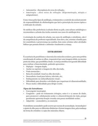 •	 Anisometria	-	discrepância	de	erros	de	refração;
•	 Ametropia	 -	 altos	 erros	 de	 refração:	 (hipermetropia,	 miopia	 e	
   astigmatismo).

Como	vimos	pelos	tipos	de	ambliopia,	o	tratamento	e	o	controle	são	exclusivamente	
de	responsabilidade	do	oftalmologista	que	fará	a	prescrição	do	recurso	óptico	e	
a indicação da oclusão.

Os	médicos	dão	preferência	à	oclusão	direta	na	pele,	com	oclusor	antialérgico	e	
recomendam a oclusão dos óculos somente nos casos de ambliopia leve.

A	orientação	da	conduta	de	oclusão,	nos	casos	de	ambliopia	e	estrabismo,	não	é	
de	competência	do	professor	especializado.	Esse	deve,	sim,	orientar	a	família	para	
ter	consistência	e	perseverança	na	conduta,	bem	como	orientar	sobre	atividades	
lúdicas	que	possam	distrair	e	estimular	visualmente	a	criança.



                                          ESTRABISMO

É	a	ausência	de	paralelismo	e	sincronia	dos	músculos	oculares,	para	uma	perfeita	
coordenação	de	ambos	os	olhos,	responsável	por	uma	imagem	nítida,	no	mesmo	
ponto	da	retina,	que	possibilita	a	fusão.	A	criança	estrábica	terá	grande	dificuldade	
para	realizar	a	binocularidade,	podendo	apresentar:
•	 Diplopia	–	imagem	dupla;
•	 Anular	ou	suprimir	a	imagem	do	olho	desviado;
•	 Visão	monocular	;
•	 Baixa	de	acuidade	visual	no	olho	desviado	;
•	 Desconforto	visual	para	leitura,	televisão,	etc;
•	 Embaçamento	ou	embaralhamento	visual	;
•	 Dificuldade	para	desenho	e	atividades	que	requeiram	tri-dimensionalidade;
•	 Piscar	muito	e	dificuldade	para	dirigir	à	noite.

Tipos de Estrabismo
•	 Convergente	(esotropia);
•	 Congênito	 -	 pode	 ter	 tratamento	 cirúrgico,	 entre	 6	 e	 12	 meses	 de	 idade,	
   para	promover	o	alinhamento	ocular	e	o	desenvolvimento	da	visão,	porque	
   geralmente	apresenta	fixação	cruzada	com	pouca	motilidade	ocular;
•	 Adquirido	–	acomodativo,	ou	essencial.

O	estrabismo	acomodativo	pode	ocorrer	por	excesso	de	acomodação.	Acomodação	é	
o	ajuste	do	olho	para	ver	diferentes	distâncias	e	formar	imagem	clara,	pela	mudança	
da	forma	do	cristalino	e	a	ação	dos	músculos	ciliares.



                                                                                    21
DESENVOLVENDO COMPETÊNCIAS PARA O ATENDIMENTO ÀS NECESSIDADES
EDUCACIONAIS ESPECIAIS DE ALUNOS CEGOS E DE ALUNOS COM BAIXA VISÃO
 