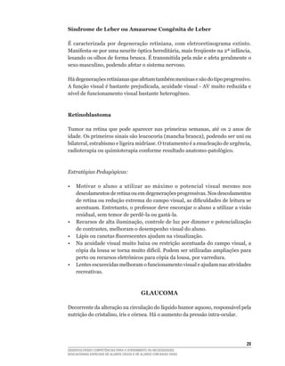 Síndrome de Leber ou Amaurose Congênita de Leber

É	 caracterizada	 por	 degeneração	 retiniana,	 com	 eletroretinograma	 extinto.	
Manifesta-se	por	uma	neurite	óptica	hereditária,	mais	freqüente	na	2ª	infância,	
lesando	os	olhos	de	forma	brusca.	É	transmitida	pela	mãe	e	afeta	geralmente	o	
sexo	masculino,	podendo	afetar	o	sistema	nervoso.	

Há	degenerações	retinianas	que	afetam	também	meninas	e	são	do	tipo	progressivo.	
A	função	visual	é	bastante	prejudicada,	acuidade	visual	-	AV	muito	reduzida	e	
nível	de	funcionamento	visual	bastante	heterogêneo.



Retinoblastoma

Tumor	 na	 retina	 que	 pode	 aparecer	 nas	 primeiras	 semanas,	 até	 os	 2	 anos	 de	
idade.	Os	primeiros	sinais	são	leucocoria	(mancha	branca),	podendo	ser	uni	ou	
bilateral,	estrabismo	e	ligeira	midríase.	O	tratamento	é	a	enucleação	de	urgência,	
radioterapia	ou	quimioterapia	conforme	resultado	anatomo-patológico.



Estratégias Pedagógicas:

•    Motivar o aluno a utilizar ao máximo o potencial visual mesmo nos
     descolamentos de retina ou em degenerações progressivas. Nos descolamentos
     de	retina	ou	redução	extrema	do	campo	visual,	as	dificuldades	de	leitura	se	
     acentuam.	Entretanto,	o	professor	deve	encorajar	o	aluno	a	utilizar	a	visão	
     residual,	sem	temor	de	perdê-la	ou	gastá-la.
•	   Recursos	de	alta	iluminação,	controle	de	luz	por	dimmer	e	potencialização	
     de	contrastes,	melhoram	o	desempenho	visual	do	aluno.
•	   Lápis	ou	canetas	fluorescentes	ajudam	na	visualização.
•	   Na	acuidade	visual	muito	baixa	ou	restrição	acentuada	do	campo	visual,	a	
     cópia	da	lousa	se	torna	muito	difícil.	Podem	ser	utilizadas	ampliações	para	
     perto	ou	recursos	eletrônicos	para	cópia	da	lousa,	por	varredura.
•	   Lentes	escurecidas	melhoram	o	funcionamento	visual	e	ajudam	nas	atividades	
     recreativas.



                                            GLAUCOMA

Decorrente	da	alteração	na	circulação	do	líquido	humor	aquoso,	responsável	pela	
nutrição	do	cristalino,	íris	e	córnea.	Há	o	aumento	da	pressão	intra-ocular.




                                                                                    2
DESENVOLVENDO COMPETÊNCIAS PARA O ATENDIMENTO ÀS NECESSIDADES
EDUCACIONAIS ESPECIAIS DE ALUNOS CEGOS E DE ALUNOS COM BAIXA VISÃO
 