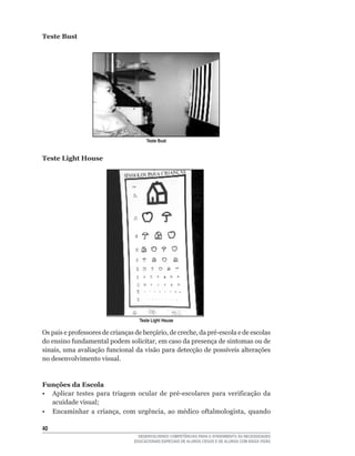 Teste Bust




                                       Teste Bust


Teste Light House




                                    Teste Light House

Os	pais	e	professores	de	crianças	de	berçário,	de	creche,	da	pré-escola	e	de	escolas	
do	ensino	fundamental	podem	solicitar,	em	caso	da	presença	de	sintomas	ou	de	
sinais,	uma	avaliação	funcional	da	visão	para	detecção	de	possíveis	alterações	
no desenvolvimento visual.


Funções da Escola
•	 Aplicar	 testes	 para	 triagem	 ocular	 de	 pré-escolares	 para	 verificação	 da	
   acuidade	visual;
•	 Encaminhar	 a	 criança,	 com	 urgência,	 ao	 médico	 oftalmologista,	 quando	

40
                                    DESENVOLVENDO COMPETÊNCIAS PARA O ATENDIMENTO ÀS NECESSIDADES
                                  EDUCACIONAIS ESPECIAIS DE ALUNOS CEGOS E DE ALUNOS COM BAIXA VISÃO
 