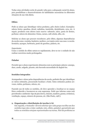Todas	estas	atividades	serão	de	grande	valia	para	a	adequação	social	do	aluno,	
pois	 possibilitam	 o	 desenvolvimento	 de	 habilidades	 necessárias	 às	 diferentes	
situações de sua vida diária.


Olfato

Pedir	ao	aluno	que	identifique	vários	produtos,	pelo	cheiro	(odor).	Exemplos:	
odores	 fortes:	 gasolina,	 álcool,	 naftalina,	 inseticida,	 desinfetante,	 cera,	 etc.	 A	
seguir,	 produtos	 com	 odores	 mais	 suaves:	 sabonete,	 talco,	 pasta	 de	 dentes,	
perfume;	odores	de	alimentos:	frutas,	carnes,	café	cebola,	alho,	etc.

Solicitar	ao	aluno	que	procure	reconhecer,	pelo	olfato,	algumas	dependências	
da	escola	como:	cozinha,	banheiro,	jardim	e,	no	trajeto	entre	sua	casa	e	a	escola:	
farmácia,	açougue,	barbearia,	posto	de	gasolina,	padaria,	etc.

Importante:
Como	o	sentido	do	olfato	satura-se	rapidamente,	deve-se	ter	o	cuidado	de	não	
realizar	exercícios	muito	prolongados.


Paladar

Permitir	que	o	aluno	experimente	alimentos	com	os	principais	sabores:	amargo,	
doce,	azedo,	salgado,	picante,	não	havendo	necessidade	de	degluti-los.


Sentidos integrados

Acompanhar	o	aluno	pelas	dependências	da	escola,	pedindo-lhe	que	identifique	
os	vários	estímulos,	procurando	localizar	a	fonte.	Estes	estímulos	podem	ser:	
vozes,	ruídos,	perfumes,	odores,	etc.

Fazendo	 uso	 de	 todos	 os	 sentidos,	 ele	 deve	 aprender	 a	 localizar-se	 no	 espaço	
físico	conhecido	e	locomover-se	com	segurança.	Pedir	que	informe	como	está	
percebendo	o	ambiente:	tipo	de	piso	(terra,	cimento,	madeira,	grama,	cerâmica),	
ventilação,	espaço,	número	de	pessoas,	etc.	(São	Paulo,	1987).


2. Organização e distribuição de tarefas (1 h)
   Em	seguida,	o	formador		deverá	solicitar	que	cada	grupo	escolha	um	dos	
   sentidos	(que	não	a	visão:	audição,	tato,	olfato,	paladar),	garantindo	que	
   todos os sentidos estejam representados na turma. Não há problema se



4
                                      DESENVOLVENDO COMPETÊNCIAS PARA O ATENDIMENTO ÀS NECESSIDADES
                                    EDUCACIONAIS ESPECIAIS DE ALUNOS CEGOS E DE ALUNOS COM BAIXA VISÃO
 