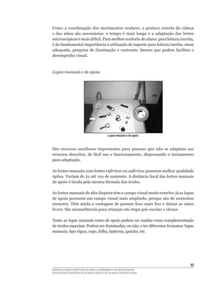Como	 a	 coordenação	 dos	 movimentos	 oculares,	 a	 postura	 correta	 da	 cabeça	
e	 das	 mãos	 são	 necessárias;	 o	 tempo	 é	 mais	 longo	 e	 a	 adaptação	 das	 lentes	
microscópicas	é	mais	difícil.	Para	melhor	conforto	do	aluno,	para	leitura/escrita,	
é	de	fundamental	importância	a	utilização	de	suporte	para	leitura/escrita,	mesa	
adequada,	 pesquisa	 de	 iluminação	 e	 contraste,	 fatores	 que	 podem	 facilitar	 o	
desempenho visual.



Lupas manuais e de apoio




                                           Lupas manuais e de apoio



São recursos auxiliares importantes para pessoas que não se adaptam aos
recursos	 descritos,	 de	 fácil	 uso	 e	 funcionamento,	 dispensando	 o	 treinamento	
para adaptação.

As lentes manuais com lentes esféricas ou asféricas possuem melhor qualidade
óptica.	Variam	de	2x	até	10x	de	aumento.	A	distância	focal	das	lentes	manuais	
de	apoio	é	tirada	pela	mesma	fórmula	dos	óculos.

As	lentes	manuais	de	alta	dioptria	têm	o	campo	visual	muito	restrito;	já	as	lupas	
de	apoio	possuem	um	campo	visual	mais	ampliado,	porque	são	de	aumentos	
menores.	Têm	ainda	a	vantagem	de	possuir	foco	mais	fixo	e	deixar	as	mãos	
livres.	São	aconselháveis	para	crianças	em	etapa	pré-escolar	e	idosos.

Tanto as lupas manuais como de apoio podem ser usadas como complementação
de	óculos	especiais.	Podem	ser	iluminadas,	ou	não,	e	ter	diferentes	formatos:	lupas	
manuais,	tipo	régua,	copo,	folha,	lanterna,	gancho,	etc.




                                                                                     53
DESENVOLVENDO COMPETÊNCIAS PARA O ATENDIMENTO ÀS NECESSIDADES
EDUCACIONAIS ESPECIAIS DE ALUNOS CEGOS E DE ALUNOS COM BAIXA VISÃO
 