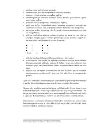 •	   mostrar	como	abrir	e	fechar	a	reglete;
•	   orientar	como	encaixar	a	reglete	nos	ofícios	da	prancha;
•	   ensinar	a	colocar	e	retirar	o	papel	da	reglete;
•	   orientar	 para	 que	 descubra	 as	 várias	 fileiras	 de	 celas	 que	 formam	 a	 parte	
     superior	da	reglete;
•	   conduzir	o	aluno	a	explorar	a	cela	braile	na	reglete;
•	   pedir	 que,	 após	 a	 colocação	 do	 papel,	 pressione	 a	 punção,	 à	 vontade,	 nos	
     diferentes	pontos	da	cela,	começando	sempre	da	direita	para	a	esquerda;
•	   deixar	que	perfure	livremente	a	fim	de	que	ele	entre	em	contato	com	os	pontos	
     do	código	braile;
•	   solicitar	que	inicie	a	pontuar,	colocando	apenas	um	ponto	em	cada	cela,	em	
     qualquer	posição;	depois	solicitar	que	coloque	os	seis	pontos;	a	seguir	que	
     escreva várias combinações de pontos. Exemplo:

	           	                         	
	           	                         	
	           	                         	
	     1-2-3		         e		        1-2-3-4	

•	 solicitar	que	faça	linhas	pontilhadas	contínuas	e	alternadas;
• considerar os vários tipos de regletes existentes com suas peculiaridades
   (formato,	material	utilizado,	número	de	linhas	e	celas,	procedimento	para	
   colocar	o	papel,	etc.)	bem	como	o	uso	da	máquina	Perkins	Braille,	se	for	o	
   caso;
•	 explicar	que,	na	reglete,	a	escrita	deve	ser	feita	da	direita	para	a	esquerda,	
   demonstrando,	 praticamente,	 que	 esse	 fato	 não	 altera	 a	 contagem	 dos	
   pontos.

Após	cada	exercício,	é	importante	que	o	aluno	retire	o	papel	da	reglete	e	verifique	
o	que	foi	feito,	identificando,	por	meio	do	tato,	a	posição	dos	pontos.

Mesmo	 não	 sendo	 imprescindível	 para	 a	 alfabetização	 de	 um	 aluno	 cego	 a	
habilidade	de	traçar,	o	professor	poderá	oferecer-lhe	mais	essa	possibilidade,	a	fim	
de	que	outros	movimentos	sejam	incorporados	por	ele;	isto	facilitará,	mais	tarde,	
a aquisição da capacidade de escrever seu próprio nome no sistema comum.

Para	dominar	o	sistema	de	leitura	e	escrita	braile,	é	necessário	que	o	aluno	tenha	
bom	desempenho	no	que	se	refere	à	localização	espacial	e	à	lateralização,	tendo	
desenvolvido boa habilidade manual.




                                                                                        3
DESENVOLVENDO COMPETÊNCIAS PARA O ATENDIMENTO ÀS NECESSIDADES
EDUCACIONAIS ESPECIAIS DE ALUNOS CEGOS E DE ALUNOS COM BAIXA VISÃO
 