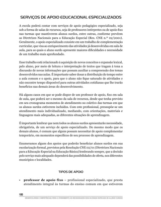 SERVIÇOS DE APOIO EDUCACIONAL ESPECIALIZADOS

A escola poderá contar com serviços de apoio pedagógico especializado, seja
sob	a	forma	de	salas	de	recursos,	seja	de	professores	intérpretes	ou	de	apoio	fixo	
nas turmas que mantiverem alunos surdos, entre outras, conforme prevêem
as Diretrizes Nacionais para a Educação Especial (Res. CNE n.º 02/2001).
Geralmente, o apoio especializado consiste em um trabalho de complementação
curricular, que visa ao enriquecimento das atividades já desenvolvidas em sala de
aula,	para	as	quais	o	aluno	surdo	apresente	maiores	dificuldades	e	necessidade	
de um trabalho mais aprofundado.

Esse trabalho está relacionado à aquisição de novos conceitos e expansão lexical,
pelo aluno, por meio de leitura e interpretação de textos que tragam à tona a
discussão de novas informações que possam auxiliar a compreensão dos temas
desenvolvidos nas aulas. É importante saber dosar a distribuição do tempo entre
a	aula	comum	e	o	apoio,	para	que	o	aluno	não	fique	saturado	de	atividades	e	
não encontre tempo disponível para outras atividades cotidianas que lhe trarão
benefícios nas demais áreas do desenvolvimento.

Há	alguns	casos	em	que	se	pode	dispor	de	um	professor	de	apoio,	fixo	em	sala	
de aula, que poderá ser o mesmo da sala de recursos, desde que tenha previsto
em seu cronograma momentos de atendimento no coletivo das turmas em que
os	alunos	surdos	estiverem	incluídos.	Com	este	profissional,	pressupõe-se	um	
atendimento mais individualizado, mediando, com orientações, materiais e
linguagens mais adequadas, as diferentes situações de aprendizagem.

É importante lembrar que nem todos os alunos surdos apresentarão necessidade,
obrigatória, de um serviço de apoio especializado. Do mesmo modo que os
demais alunos, é comum que alguns possam necessitar de apoio complementar
temporário,	em	momentos	específicos	de	seu	processo	de	aprendizagem.

Enumeramos	alguns	dos	apoios	que	poderão	beneficiar	alunos	surdos	em	sua	
escolarização formal, previstos pela Resolução CNE 02/01 (Diretrizes Nacionais
para a Educação Especial na Educação Básica) lembrando sempre, que a decisão
pelo serviço mais adequado dependerá das possibilidades de oferta, nos diferentes
municípios e localidades.



                                        TIPOS DE APOIO

•     professor de apoio fixo – profissional especializado, que presta
      atendimento integral às turmas do ensino comum em que estiverem


100
      DESENVOLVENDO COMPETÊNCIAS PARA O ATENDIMENTO ÀS NECESSIDADES EDUCACIONAIS ESPECIAIS DE ALUNOS SURDOS
 