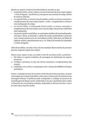 Quanto ao aspecto estrutural (morfossintático), percebe-se que:
• na primeira linha, a frase contém os termos essenciais de uma oração (sujeito
   +	verbo	de	ligação	+	predicativo),	com	apenas	uma	omissão	de	artigo	e	flexão	
   de número indevida;
• na segunda linha, a estrutura frasal também contém os termos essenciais e
   complementares de uma oração (sujeito + verbo + complemento) e só houve
   uma inadequação do artigo;
• na terceira linha, a estruturação frasal contém os termos essenciais e
   complementares	de	uma	oração,	mas	o	uso	do	artigo	e	do	pronome	indefinido	
   está inadequado;
•	 nas	quarta,	quinta	e	sexta	linhas,	as	construções	sintáticas	ficaram	inadequadas,	
   visto que a aluna, ao formular o sujeito da oração (confundindo o pronome
   com o nome) cometeu erro de concordância verbal. Além disso, há falhas de
   regência	verbal	e,	especificamente	na	5a. e 6a. linhas, há omissão de conjunções
   e verbos de ligação.

Além dessas falhas, em todo o texto, há uma repetição desnecessária do pronome
pessoal, enquanto sujeito das orações.

Nesses casos, sugere-se que, ao avaliar o texto de um aluno surdo, o professor:
1. Dê ênfase ao aspecto semântico da mensagem em detrimento do aspecto
    estrutural;
2.	 Verifique	a	presença,	ou	não,	dos	termos	essenciais	e	complementares	das	
    orações;
3. estabeleça, com o aluno, a comparação entre a sintaxe da LIBRAS e da língua
    portuguesa.

Assim, a avaliação do texto de um aluno surdo deverá ter dois conceitos: um para
a mensagem que veicula (conteúdo) e outro, para a forma como ele estrutura essa
mensagem (forma). O professor pode acompanhar a evolução do processo de
aprendizagem da língua escrita, lembrando-se de que o parâmetro para avaliar
o educando são suas próprias redações, elaboradas no decorrer do ano, e não a
de outro aluno (mesmo surdo).




112
      DESENVOLVENDO COMPETÊNCIAS PARA O ATENDIMENTO ÀS NECESSIDADES EDUCACIONAIS ESPECIAIS DE ALUNOS SURDOS
 