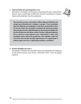 1. Apresentação dos participantes (1 h)
   Para iniciar, o formador deverá propor aos participantes que se apresentem,
   dizendo	 nome,	 qualificação	 profissional,	 histórico	 profissional,	 posição	 e	
   função	profissional	que	exercem	atualmente.



      Recomenda-se que o formador utilize alguma dinâmica de
      grupo para descontrair e alegrar o grupo. Uma estratégia
      que tem dado bons resultados é a de fixar um grande tronco
      de árvore (feito em cartolina e pintado de marrom) numa
      das paredes da sala, distribuindo aos participantes folhas de
      árvore (feitas em cartolina verde). Nestas, cada participante
      deve escrever uma palavra que represente o que está
      sentindo nesse início de programa. Em seguida, cada um
      deverá ir até a frente da sala, apresentar-se e apresentar a
      palavra que escreveu, explicando porque a escolheu.




2. Estudo dirigido (30 min.)
   Em seguida, o formador deverá dividir o grupo de participantes em subgrupos
   de até quatro pessoas, para leitura e discussão sobre o texto da página
   seguinte:




12
     DESENVOLVENDO COMPETÊNCIAS PARA O ATENDIMENTO ÀS NECESSIDADES EDUCACIONAIS ESPECIAIS DE ALUNOS SURDOS
 