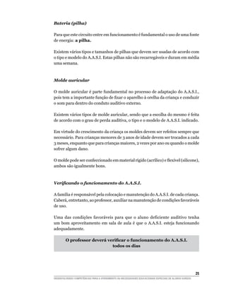 Bateria (pilha)

Para que este circuito entre em funcionamento é fundamental o uso de uma fonte
de energia: a pilha.

Existem vários tipos e tamanhos de pilhas que devem ser usadas de acordo com
o tipo e modelo do A.A.S.I. Estas pilhas não são recarregáveis e duram em média
uma semana.



Molde auricular

O molde auricular é parte fundamental no processo de adaptação do A.A.S.I.,
pois	tem	a	importante	função	de	fixar	o	aparelho	à	orelha	da	criança	e	conduzir	
o som para dentro do conduto auditivo externo.

Existem vários tipos de molde auricular, sendo que a escolha do mesmo é feita
de acordo com o grau de perda auditiva, o tipo e o modelo de A.A.S.I. indicado.

Em virtude do crescimento da criança os moldes devem ser refeitos sempre que
necessário. Para crianças menores de 3 anos de idade devem ser trocados a cada
3 meses, enquanto que para crianças maiores, 2 vezes por ano ou quando o molde
sofrer algum dano.

O	molde	pode	ser	confeccionado	em	material	rígido	(acrílico)	e	flexível	(silicone),	
ambos são igualmente bons.



Verificando o funcionamento do A.A.S.I.

A família é responsável pela colocação e manutenção do A.A.S.I. de cada criança.
Caberá, entretanto, ao professor, auxiliar na manutenção de condições favoráveis
de uso.

Uma das condições favoráveis para que o aluno deficiente auditivo tenha
um bom aproveitamento em sala de aula é que o A.A.S.I. esteja funcionando
adequadamente.

        O professor deverá verificar o funcionamento do A.A.S.I.
                             todos os dias




                                                                                                        25
DESENVOLVENDO COMPETÊNCIAS PARA O ATENDIMENTO ÀS NECESSIDADES EDUCACIONAIS ESPECIAIS DE ALUNOS SURDOS
 