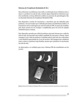 Sistema de Freqüência modulada (F.m.)

Para solucionar os problemas como ruído, reverberação (eco) e distância entre o
aluno e o professor na sala de aula, existem alguns dispositivos eletrônicos que
vêm	auxiliando	a	criança	deficiente	auditiva	no	processo	de	aprendizagem.	São	
os	chamados	Sistemas	de	Freqüência	Modulada	(FM).

Este dispositivo consiste de transmissor e microfone que são utilizados pelo
professor,	e	de	um	receptor	que	é	utilizado	pelo	aluno	com	deficiência	auditiva.	O	
transmissor envia a mensagem por meio de ondas de FM, as quais são recebidas
pelo	 aluno	 através	 de	 seu	 receptor	 e	 amplificadas	 para	 um	 nível	 de	 audição	
confortável para a criança.

Este dispositivo permite que a fala do professor seja mais intensa que o ruído da
sala de aula, favorecendo uma melhor qualidade de som para a criança. Outra
vantagem é que a fala do professor é mantida estável, pois este usa o microfone
a uma distância aproximada de 15 cm de sua boca. Isto assegura que a distância
entre o aluno e o professor seja mantida, mesmo que o professor se movimente
em sala de aula.

As observações e os cuidados para com o Sistema FM são semelhantes aos do
A.A.S.I.




Foto 3:	Sistema	de	Freqüência	Modulada	(FM)	com	microfone/transmissor	(professor)	e	receptor	(aluno).




                                                                                                        2
DESENVOLVENDO COMPETÊNCIAS PARA O ATENDIMENTO ÀS NECESSIDADES EDUCACIONAIS ESPECIAIS DE ALUNOS SURDOS
 