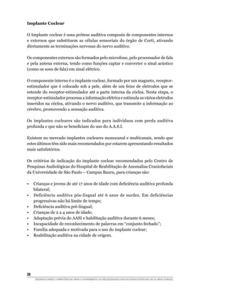 Implante Coclear

O Implante coclear é uma prótese auditiva composta de componentes internos
e externos que substituem as células sensoriais do órgão de Corti, ativando
diretamente as terminações nervosas do nervo auditivo.

Os componentes externos são formados pelo microfone, pelo processador de fala
e pela antena externa, tendo como funções captar e converter o sinal acústico
(como os sons de fala) em sinal elétrico.

O componente interno é o implante coclear, formado por um magneto, receptor-
estimulador que é colocado sob a pele, além de um feixe de eletrodos que se
estende do receptor-estimulador até a parte interna da cóclea. Nesta etapa, o
receptor-estimulador processa a informação elétrica e estimula os vários eletrodos
inseridos na cóclea, ativando o nervo auditivo, que transmite a informação ao
cérebro, promovendo a sensação auditiva.

Os implantes cocleares são indicados para indivíduos com perda auditiva
profunda	e	que	não	se	beneficiam	do	uso	do	A.A.S.I.

Existem no mercado implantes cocleares monocanal e multicanais, sendo que
estes últimos têm sido mais recomendados por estarem apresentando resultados
mais satisfatórios.

Os critérios de indicação do implante coclear recomendados pelo Centro de
Pesquisas Audiológicas do Hospital de Reabilitação de Anomalias Craniofaciais
da Universidade de São Paulo – Campus Bauru, para crianças são:

•	 Crianças	e	jovens	de	até	17	anos	de	idade	com	deficiência	auditiva	profunda	
   bilateral;
• Deficiência auditiva pós-lingual até 6 anos de surdez. Em deficiências
   progressivas não há limite de tempo;
•	 Deficiência	auditiva	pré-lingual;
• Crianças de 2 a 4 anos de idade;
• Adaptação prévia do AASI e habilitação auditiva durante 6 meses;
• Incapacidade de reconhecimento de palavras em “conjunto fechado”;
• Família adequada e motivada para o uso do implante coclear;
• Reabilitação auditiva na cidade de origem.




2
     DESENVOLVENDO COMPETÊNCIAS PARA O ATENDIMENTO ÀS NECESSIDADES EDUCACIONAIS ESPECIAIS DE ALUNOS SURDOS
 