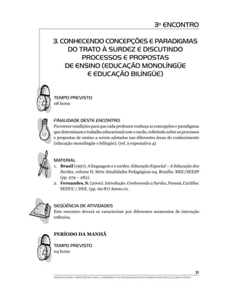 3º ENCONTRO

3. CONHECENDO CONCEPÇÕES E PARADIGMAS
     DO TRATO À SURDEZ E DISCUTINDO
         PROCESSOS E PROPOSTAS
    DE ENSINO (EDUCAÇÃO MONOLÍNGüE
          E EDUCAÇÃO BILÍNGüE)


TEMPO PREVISTO
08 horas



FINALIDADE DESTE ENCONTRO
Favorecer condições para que cada professor conheça as concepções e paradigmas
que	determinam	o	trabalho	educacional	com	o	surdo,	refletindo	sobre	os	processos	
e propostas de ensino a serem adotados nas diferentes áreas do conhecimento
(educação	monolíngüe	e	bilíngüe).	(ref.	à	expectativa	4)



MATERIAL
1. Brasil (1997). A linguagem e a surdez. Educação Especial – A Educação dos
   Surdos, volume II. Série Atualidades Pedagógicas 04, Brasília: MEC/SEESP
   (pp. 279 – 282).
2. Fernandes, S. (2000). Introdução. Conhecendo a Surdez, Paraná, Curitiba:
   SEDUC / DEE. (pp. 69-87) Anexo 01.



SEqüÊNCIA DE ATIVIDADES
Este encontro deverá se caracterizar por diferentes momentos de interação
reflexiva.



PERÍOdO dA mANhÃ

TEMPO PREVISTO
04 horas




                                                                                                        31
DESENVOLVENDO COMPETÊNCIAS PARA O ATENDIMENTO ÀS NECESSIDADES EDUCACIONAIS ESPECIAIS DE ALUNOS SURDOS
 
