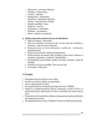 -   Saborearem – provarem, beberem.
     -   Cristalina – limpa, fresca.
     -   Isolados – distantes.
     -   Barriga cheia – alimentados.
     -   Desastroso – desajeitado, distraído.
     -   Furioso – nervoso, bravo, irritado.
     -   Grande mandíbula – boca.
     -   Engoli-lo – comê-lo.
     -   Incomodá-lo – perturbá-lo.
     -   Retribuir – recompensar.
     -   Ecoou – repetiu-se, reproduziu.

2. Definir expressões através do uso de sinônimos:
   • Nativos selvagens - vida animal
   • Mais um inusitado e aventuresco dia, um dia cheio de novidades e
     aventuras – mais um novo e longo dia.
   • Permanecerem em total desmazelo, indolência - Dormirem
     preguiçosamente
   • Estava em sono pesado - Dormia profundamente
   • Rei dos animais, um grande “gato” selvagem, o mais nobre, o distinto, o
     poderoso, o majestoso, o suntuoso - Grande felino
   • Grandiosidade, generosidade, polidez, honradez, distinção - gesto de
     bondade
   • Prendeu-se em uma armadilha - Caiu em uma rede
   • Convencido - Todo prosa



7º Exemplo

•    Estratégias com o livro texto e com o vídeo;
•	   Escolhe-se	um	livro	e	o	filme	correspondente;
•    Faz-se a apresentação do vídeo;
•    Em seguida efetua-se a tradução para língua de sinais - LIBRAS;
•    Propõe-se a seleção de palavras-chaves, mostrando a escrita no livro e o
     sinal concomitante, dando pausa no vídeo e associando com as gravuras do
     livro;
•    O aluno deverá ser incentivado a elaborar a mensagem que captou, produzindo
     seu próprio texto escrito;
•    Em seguida professor e aluno “trabalham” juntos na reelaboração do texto.




                                                                                                        51
DESENVOLVENDO COMPETÊNCIAS PARA O ATENDIMENTO ÀS NECESSIDADES EDUCACIONAIS ESPECIAIS DE ALUNOS SURDOS
 