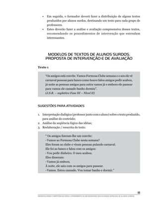 •    Em seguida, o formador deverá fazer a distribuição de alguns textos
         produzidos por alunos surdos, destinando um texto para cada grupo de
         professores.
    •    Estes deverão fazer a análise e avaliação compreensiva desses textos,
         recomendando os procedimentos de intervenção que entendam
         interessantes.




         MODELOS DE TEXTOS DE ALUNOS SURDOS.
        PROPOSTA DE INTERVENÇÃO E DE AVALIAÇÃO

Texto 1

        “Os amigos está convite. Vamos Formosa Clube semana e o seu ele vê
        carnaval pessoas para banco como houve falou amigos pedir acabou,
        já noite as pessoas amigos para outra vamos já e embora ele passear
        para vamos ele cansado banho dormiu”.
        (J.S.R. – supletivo Fase III – Nível II)



SUGESTÕES PARA ATIVIDADES

1. Interpretação dialógica (professor junto com o aluno) sobre o texto produzido,
    para análise do conteúdo;
2.	 Análise	da	seqüência	lógica	das	idéias;
3. Reelaboração / reescrita do texto.

        “	Os	amigos	fizeram-lhe	um	convite:
        - Vamos ao Formosa Clube nesta semana?
        Eles foram ao clube e viram pessoas pulando carnaval.
        Ele foi ao banco e falou com os amigos:
        - Vou pedir dinheiro. O meu acabou.
        Eles disseram:
        - Vamos já embora.
        À noite, ele saiu com os amigos para passear.
        - Vamos. Estou cansado. Vou tomar banho e dormir.”




                                                                                                        53
DESENVOLVENDO COMPETÊNCIAS PARA O ATENDIMENTO ÀS NECESSIDADES EDUCACIONAIS ESPECIAIS DE ALUNOS SURDOS
 