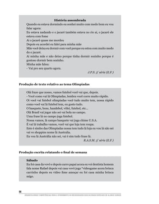 história assombrada
      Quando eu estava dormindo eu sonhei muito com medo bom eu vou
      falar agora:
      Eu estava nadando e o jacaré também estava no rio ai, o jacaré ele
      estava com fome
      Ai o jacaré quase me mordeu
      Depois eu acordei eu falei para minha mãe
      Mãe você deixa eu dormir com você porque eu estou com muito medo
      do o jacaré.
      Ai minha mãe e não deixo porque tinha dormir sozinho porque é
      gostoso dormir bem sozinho.
      Minha mãe falou:
      - Vai pro seu quarto agora.
                                                    J.P.S. 3ª série (E.F.)



Produção de texto relativo ao tema Olimpíadas

      Olá fraze que nosso, vamos futebol você vai que, depois.
      - Você como vai lá Olimpíadas, lembra você corre muito rápido.
      Oi você vai futebol olimpíadas você tudo muito tem, nossa rápido
      como você vai lá futebol tem, eu gosto tudo.
      O basquete, boxe, handebol, vôlei, futebol, etc...
      Olá Brasil vai jogar não sei vai bola no campo.
      Uma frase lá no campo joga futebol.
      Nossa vamos, lá campo basquete vai joga chime U.S.A.
      É vai lá trabalho vamos, você vai que loja tem roupa.
      Este é simbo das Olimpíadas nossa tem tudo lá loja eu vou lá não sei
      vai ve shoppins nome lá Australia.
      Eu vou lá Austrália não sei, vai é sim tudo frase lá.
                                                    R.A.S.M. 3ª série (E.F.)



Produção escrita relatando o final de semana

      Sábado
      Eu foi casa da vovó e depois carro papai acora eu voi dentista homem
      fala nome Rafael depois vai casa vovó joga *videogame acora brinca
      carrinho	 depois	 eu	 video	 fime	 amoçar	 eu	 foi	 casa	 minha	 brinca	
      migo.




56
     DESENVOLVENDO COMPETÊNCIAS PARA O ATENDIMENTO ÀS NECESSIDADES EDUCACIONAIS ESPECIAIS DE ALUNOS SURDOS
 
