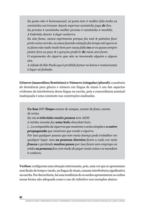 Eu gosta não # homossexual, só gosta tem # mulher fala tenho eu
      camisinha vai transar depois esperma camisinha joga de lixo.
      Eu precisa # camisinha mulher precisa # camisinha # mochila.
      A Gabriela chorar # fugir cachorro.
      Eu não fumo, nunca esprimenta porque faz mal # pulmões ficar
      preto como carvão, eu estou fazendo natação faz tempo até agora se
      eu fumo não nado muito bem por causa falta no ar eu quase sempre
      jantar fora eu peço # o garçom preferir de mesa sem fumo.
      O argumento do cigarro que não se incomoda alguém e alguns
      sim.
      A cidade de São Paulo que é proibido fumar no bares e restaurantes
      é lugar só fechado.



Gênero (masculino/feminino) e Número (singular/plural): a ausência
de desinência para gênero e número em língua de sinais é um dos aspectos
evidentes da interferência dessa língua na escrita, pois a concordância nominal
inadequada é uma constante nas construções analisadas.



      Eu boa HIV limpo exame de sangue, exame de fezes, exame
      de urina.
      Eu viu o televisão muito pessoa tem AIDS.
      A minha mamãe faz uma bolo chocolate bom.
      (...) a companhia de cigarros que mostram o aviso simples e o outro
      propaganda que mostram que vende o cigarro.
      Por isso qualquer pessoa que tem nesta doença pode trabalhar em
      qualquer lugar mas as pessoas doentes ficam a cada vez mais
      fracos e perdendo muitos pesos por isso ficam sem emprego ou
      então os pessoas fica com medo de pegar nesta coisa e os mandam
      ir embora.



Verbos: configuram	uma	situação	interessante,	pois,	uma	vez	que	se	apresentam	
sem	flexão	de	tempo	e	modo,	na	língua	de	sinais,	causam	interferência	significativa	
na escrita. Por decorrência, há uma tendência de os surdos apresentarem os verbos
numa	forma	não	adequada	como	o	uso	do	infinitivo	nos	exemplos	abaixo:




0
     DESENVOLVENDO COMPETÊNCIAS PARA O ATENDIMENTO ÀS NECESSIDADES EDUCACIONAIS ESPECIAIS DE ALUNOS SURDOS
 
