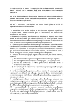III	–	a	colaboração	da	família	e	a	cooperação	dos	serviços	de	Saúde,	Assistência	
Social,	Trabalho,	Justiça	e	Esporte,	bem	como	do	Ministério	Público,	quando	
necessário.

Art.	 7º	 O	 atendimento	 aos	 alunos	 com	 necessidades	 educacionais	 especiais	
deve	ser	realizado	em	classes	comuns	do	ensino	regular,	em	qualquer	etapa	ou	
modalidade	da	Educação	Básica.

Art.	 8o	 As	 escolas	 da	 	 rede	 regular	 	 de	 ensino	 devem	 prever	 e	 prover	 na	
organização	de	suas	classes	comuns:

I	 -	 professores	 das	 classes	 comuns	 e	 da	 educação	 especiais	 capacitados	
e	 especializados,	 respectivamente,	 para	 o	 atendimento	 às	 necessidades	
educacionais dos alunos;
II	-	distribuição	dos	alunos	com	necessidades	educacionais	especiais	pelas	várias	
classes	 do	 ano	 escolar	 em	 que	 forem	 classificados,	 de	 modo	 que	 essas	 classes	
comuns	se	beneficiem	das	diferenças	e	ampliem	positivamente	as	experiências	de	
todos	os	alunos,	dentro	do	princípio	de	educar	para	a	diversidade;
III	–	flexibilizações	e	adaptações	curriculares	que	considerem	o	significado	prático	
e	instrumental	dos	conteúdos	básicos,	metodologias	de	ensino	e	recursos	didáticos	
diferenciados	e	processos	de	avaliação	adequados	ao	desenvolvimento	dos	alunos	
que	 apresentam	 necessidades	 educacionais	 especiais,	 em	 consonância	 com	 o	
projeto	pedagógico	da	escola,	respeitada	a	freqüência	obrigatória;
IV	–	serviços	de	apoio	pedagógico	especializado,	realizado,	nas	classes	comuns,	
mediante:
    a)	 atuação	colaborativa	de	professor	especializado	em	educação	especial;
    b)	 atuação	de	professores-intérprete	das	linguagens	e	códigos	aplicáveis;
    c)	 atuação	 de	 professores	 e	 outros	 profissionais	 itinerantes	 intra	 e	
        interinstitucionalmente;
    d)	disponibilização	de	outros	apoios	necessários	à	aprendizagem,	à	locomoção	
        e à comunicação.
V	–	serviços	de	apoio	pedagógico	especializado	em	salas	de	recursos,	nas	quais	
o	 professor	 especializado	 em	 educação	 especial	 realize	 a	 complementação	
ou	 suplementações	 curriculares,	 utilizando	 procedimentos,	 equipamentos	 e	
materiais	específicos;
VI	–	condições	para	reflexão	e	elaboração	teórica	da	educação	inclusiva,	com	
protagonismo	dos	professores,	articulando	experiência	e	conhecimento	com	as	
necessidades/possibilidades	surgidas	na	relação	pedagógica,	inclusive	por	meio	
de	colaboração	com	instituições	de	ensino	superior	e	de	pesquisa;
VII	 –	 sustentabilidade	 do	 processo	 inclusivo,	 mediante	 aprendizagem	
cooperativa	em	sala	de	aula,	trabalho	de	equipe	na	escola	e	constituição	de	redes	
de	 apoio,	 com	 a	 participação	 da	 família	 no	 processo	 educativo,	 bem	 como	 de	
outros agentes e recursos da comunidade;



50
                         RECOMENDAÇÕES PARA A CONSTRUÇÃO DE ESCOLA INCLUSIVA
 
