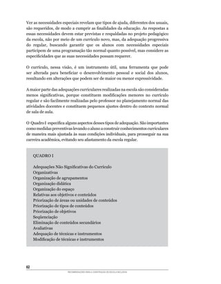 Ver	as	necessidades	especiais	revelam	que	tipos	de	ajuda,	diferentes	dos	usuais,	
são	requeridos,	de	modo	a	cumprir	as	finalidades	da	educação.	As	respostas	a	
essas	necessidades	devem	estar	previstas	e	respaldadas	no	projeto	pedagógico	
da	escola,	não	por	meio	de	um	currículo	novo,	mas,	da	adequação	progressiva	
do	 regular,	 buscando	 garantir	 que	 os	 alunos	 com	 necessidades	 especiais	
participem	de	uma	programação	tão	normal	quanto	possível,	mas	considere	as	
especificidades	que	as	suas	necessidades	possam	requerer.

O	 currículo,	 nessa	 visão,	 é	 um	 instrumento	 útil,	 uma	 ferramenta	 que	 pode	
ser	 alterada	 para	 beneficiar	 o	 desenvolvimento	 pessoal	 e	 social	 dos	 alunos,	
resultando	em	alterações	que	podem	ser	de	maior	ou	menor	expressividade.

A	maior	parte	das	adequações	curriculares	realizadas	na	escola	são	consideradas	
menos	 significativas,	 porque	 constituem	 modificações	 menores	 no	 currículo	
regular	e	são	facilmente	realizadas	pelo	professor	no	planejamento	normal	das	
atividades	docentes	e	constituem	pequenos	ajustes	dentro	do	contexto	normal	
de sala de aula.

O		Quadro	I		especifica	alguns	aspectos	desses	tipos	de	adequação.	São	importantes	
como	medidas	preventivas	levando	o	aluno	a	construir	conhecimentos	curriculares	
de	maneira	mais	ajustada	às	suas	condições	individuais,	para	prosseguir	na	sua	
carreira	acadêmica,	evitando	seu	afastamento	da	escola	regular.


     QUADRO I

     Adequações	Não	Significativas	do	Currículo
     Organizativas
     Organização de agrupamentos
     Organização	didática
     Organização do espaço
     Relativas	aos	objetivos	e	conteúdos
     Priorização	de	áreas	ou	unidades	de	conteúdos
     Priorização	de	tipos	de	conteúdos
     Priorização de objetivos
     Seqüenciação
     Eliminação	de	conteúdos	secundários
     Avaliativas
     Adequação	de	técnicas	e	instrumentos
     Modificação	de	técnicas	e	instrumentos




62
                        RECOMENDAÇÕES PARA A CONSTRUÇÃO DE ESCOLA INCLUSIVA
 
