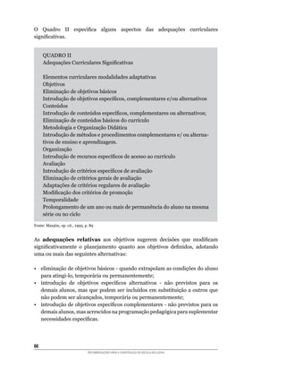 O	 Quadro	 II	 especifica	 alguns	 aspectos	 das	 adequações	 curriculares	
significativas.


     QUADRO II
     Adequações	Curriculares	Significativas

     Elementos curriculares modalidades adaptativas
     Objetivos
     Eliminação	de	objetivos	básicos
     Introdução	de	objetivos	específicos,	complementares	e/ou	alternativos
     Conteúdos
     Introdução	de	conteúdos	específicos,	complementares	ou	alternativos;
     Eliminação	de	conteúdos	básicos	do	currículo
     Metodologia	e	Organização	Didática
     Introdução	de	métodos	e	procedimentos	complementares	e/	ou	alterna-
     tivos de ensino e aprendizagem.
     Organização
     Introdução	de	recursos	específicos	de	acesso	ao	currículo
     Avaliação
     Introdução	de	critérios	específicos	de	avaliação
     Eliminação	de	critérios	gerais	de	avaliação
     Adaptações	de	critérios	regulares	de	avaliação
     Modificação	dos	critérios	de	promoção
     Temporalidade
     Prolongamento de um ano ou mais de permanência do aluno na mesma
     série	ou	no	ciclo

Fonte:	Manjón,	op.	cit.,	1995,	p.	89


As adequações relativas	 aos	 objetivos	 sugerem	 decisões	 que	 modificam	
significativamente	 o	 planejamento	 quanto	 aos	 objetivos	 definidos,	 adotando	
uma	ou	mais	das	seguintes	alternativas:

•	 eliminação	de	objetivos	básicos	-	quando	extrapolam	as	condições	do	aluno	
   para	atingi-lo,	temporária	ou	permanentemente;
•	 introdução	 de	 objetivos	 específicos	 alternativos	 -	 não	 previstos	 para	 os	
   demais	alunos,	mas	que	podem	ser	incluídos	em	substituição	a	outros	que	
   não	podem	ser	alcançados,	temporária	ou	permanentemente;
•	 introdução	de	objetivos	específicos	complementares	-	não	previstos	para	os	
   demais	alunos,	mas	acrescidos	na	programação	pedagógica	para	suplementar	
   necessidades	específicas.




66
                                RECOMENDAÇÕES PARA A CONSTRUÇÃO DE ESCOLA INCLUSIVA
 
