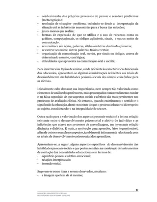 •    conhecimento dos próprios processos de pensar e resolver problemas
     (metacognição);
•	   resolução	 de	 situações-	 problema,	 incluindo-se	 desde	 a	 	 interpretação	 da	
     situação	até	as	inferências	necessárias	para	a	busca	das	soluções;
•	   juízos	morais	que	realiza;
•	   formas	 de	 expressão	 de	 que	 se	 utiliza	 e	 o	 uso	 de	 recursos	 como	 os	
     gráficos, computacionais, os códigos aplicáveis, sinais, e outros meios de
     comunicação;	
•	   se	reconhece	seu	nome,	palavras,	sílabas	ou	letras	dentro	das	palavras;
•	   se	escreve	seu	nome,	outras	palavras,	frases	e	textos;
•    organização da comunicação oral, escrita, por sinais ou códigos, acerca de
     determinado assunto, com lógica;
•    dificuldades que apresenta na comunicação oral e escrita;

Para encerrar esse tópico de análise, ainda referente às características funcionais
dos	educandos,	apresentam-se	algumas	considerações	referentes	aos	níveis	de	
desenvolvimento	das	habilidades	pessoais-sociais	dos	alunos,	com	ênfase	para	
as	afetivas.	

Inicialmente	cabe	destacar	sua	importância,	nem	sempre	tão	valorizada	como	
elementos	de	análise	dos	professores,	mais	preocupados	com	o	rendimento	escolar	
e		na	falsa	suposição	de	que	aspectos	sociais	e	afetivos	são	mais	pertinentes	nos	
processos	de	avaliação	clínica.	No	entanto,	quando	examinamos	o	sentido	e	o	
significado da educação, damo-nos conta de que o processo educativo diz respeito
ao	sujeito,	considerando-o	na	integralidade	de	seu	ser.	

Outra	razão	para	a	valorização	dos	aspectos	pessoais-sociais	é	a	íntima	relação	
existente	 entre	 o	 desenvolvimento	 psicossocial	 e	 afetivo	 do	 indivíduo	 e	 as	
influências que exerce nos processos de aprendizagem, em incessante relação
dinâmica	e	dialética.	E	mais,	a	motivação	para	aprender,	fator	inquestionável,	
além	de	outros	e	complexos	aspectos,	também	está	intimamente	relacionada	com	
os	níveis	de	desenvolvimento	psicossocial	dos	aprendizes.

Apresentam-se, a seguir, alguns aspectos específicos do desenvolvimento das
habilidades pessoais-sociais e que podem ser úteis na construção de instrumentos
de	avaliação	das	necessidades	educacionais	em	termos	de:	
•	 equilíbrio	pessoal	e	afetivo-emocional;
•	 relações	interpessoais;	
•	 inserção	social.

Sugerem-se	como	itens	a	serem	observados,	no	aluno:
•	 a	imagem	que	tem	de	si	mesmo;



                                                                                    6
AVALIAÇÃO PARA IDENTIFICAÇÃO DAS
NECESSIDADES EDUCACIONAIS ESPECIAIS
 
