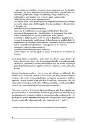 •	 a	auto-estima	em	relação	ao	seu	corpo,	à	sua	imagem,	a	seus	movimentos	
   corporais,	 seu	 sexo,	 suas	 competências	 curriculares,	 sua	 aceitação	 por	
   familiares,	professores,	amigos	da	vizinhança,	colegas	da	escola,	etc,;
•	 habilidade	de	fazer	amigos,	para	conviver,	seguir	regras	sociais;
•	 habilidade	de	colocar-se	no	lugar	dos	outros;
•	 sua	relação	social	e	de	comunicação	com	colegas	em	várias	situações	de	vida	
   na escola: sala de aula, refeitório, pátio do recreio, prática de educação física
   e	desporto,	etc.;
•	 persistência	para	atingir	seus	objetivos;
• resolução de conflitos nos quais esteja envolvido, dentro da escola;
•	 como	controla	suas	emoções	e	impulsividade	em	situações	de	frustração;
•	 forma	de	valorização	das	ajudas;	se	as	solicita,	aceita,	rejeita;
• perspectivas de futuro, em especial em termos da profissão que pretende;
•	 formas	 de	 convivência,	 manifestações	 de	 hostilidade,	 de	 solidariedade,	 de	
   dependência,	de	autonomia,	em	diferentes	situações	de	interação:	com	seus	
   pares,	seus	professores,	familiares	e	outras	pessoas	de	seu	convívio;
•	 como	sente	e	percebe	o	par	educativo;
• figuras significativas dentro e fora da escola;
•	 manifestações	 de	 tristeza,	 apatia	 e	 outras	 evidências	 de	 transtorno	 de	
   humor;

(b)	As	competências	curriculares-		como	outro	aspecto	da		análise	do	nível	de	
   desenvolvimento do aluno - são de extremo significado, principalmente pela
   valorização	 conferida	 ao	 conhecimento	 construído	 na	 escola,	 instituição	
   pensada	por	muitos	como	o	lugar	do	professor	ensinar	e	do	aluno	aprender,	
   apenas.		

As	 competências	 curriculares	 referem-se	 ao	 aprendizado	 e	 à	 utilização	 dos	
conteúdos das diferentes áreas de conhecimento que compõem os currículos
brasileiros do ensino fundamental(língua portuguesa, matemática, história,
geografia, ciências naturais, artes, educação física e língua estrangeira, além dos
temas transversais: ética, saúde, meio ambiente, orientação sexual e pluralidade
cultural,	para	a	problematização	de	temas	sociais	relevantes).	

Cabe uma referência à tipologia dos conteúdos que são desenvolvidos em
qualquer	das	áreas	de	conhecimento:	conceituais,	procedimentais	e	atitudinais,	já	
mencionados anteriormente. Justifica-se esse destaque pela relação entre eles e os
quatro	pilares	que	a	uNESCO	estabeleceu	para	a	educação	deste	século:	aprender	
a	conhecer,	aprender	a	fazer,	aprender	a	ser	e	aprender	a	viver	junto34.	


34
     Sugere-se a leitura do cap.4 do livro Educação: um tesouro a descobrir, citado na bibliografia.




6
                                                                                AVALIAÇÃO PARA IDENTIFICAÇÃO DAS
                                                                             NECESSIDADES EDUCACIONAIS ESPECIAIS
 