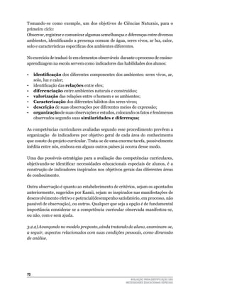 Tomando-se	 como	 exemplo,	 um	 dos	 objetivos	 de	 Ciências	 Naturais,	 para	 o	
primeiro	ciclo:
Observar,	registrar	e	comunicar	algumas	semelhanças	e	diferenças	entre	diversos	
ambientes, identificando a presença comum de água, seres vivos, ar luz, calor,
solo e características específicas dos ambientes diferentes.

No	exercício	de	traduzi-lo	em	elementos	observáveis		durante	o	processo	de	ensino-	
aprendizagem	na	escola	servem	como	indicadores	das	habilidades	dos	alunos:

•	 identificação	dos	diferentes	componentes	dos	ambientes:	seres	vivos,	ar,	
   solo,	luz	e	calor;
• identificação das relações entre	eles;
•	 diferenciação entre	ambientes	naturais	e	construídos;
•	 valorização	das	relações	entre	o	homem	e	os	ambientes;
•	 Caracterização	dos	diferentes	hábitos	dos	seres	vivos;
•	 descrição	de	suas	observações	por	diferentes	meios	de	expressão;
•	 organização de	suas	observações	e	estudos,	colocando	os	fatos	e	fenômenos	
   observados	segundo	suas	similaridades e diferenças;

As	competências	curriculares	avaliadas	segundo	esse	procedimento	prevêem	a	
organização		de	indicadores	por	objetivo	geral	de	cada	área	do	conhecimento	
que	conste	do	projeto	curricular.	Trata-se	de	uma	enorme	tarefa,	possivelmente	
inédita entre nós, embora em alguns outros países já ocorra desse modo.

uma	das	possíveis	estratégias	para	a	avaliação	das	competências	curriculares,	
objetivando-se identificar necessidades educacionais especiais de alunos, é a
construção	de	indicadores	inspirados	nos	objetivos	gerais	das	diferentes	áreas	
de	conhecimento.

Outra	observação	é	quanto	ao	estabelecimento	de	critérios,	sejam	os	apontados		
anteriormente,	sugeridos	por	Kamii,	sejam	os	inspirados	nas	manifestações	de	
desenvolvimento efetivo e potencial(desempenho satisfatório, em processo, não
passível	de	observação),	ou	outros.	qualquer	que	seja	a	opção	é	de	fundamental	
importância	considerar	se	a	competência	curricular	observada	manifestou-se,	
ou	não,	com	e	sem	ajuda.

3.2.2) Avançando no modelo proposto, ainda tratando do aluno, examinam-se,
a seguir, aspectos relacionados com suas condições pessoais, como dimensão
de análise.




0
                                                          AVALIAÇÃO PARA IDENTIFICAÇÃO DAS
                                                       NECESSIDADES EDUCACIONAIS ESPECIAIS
 