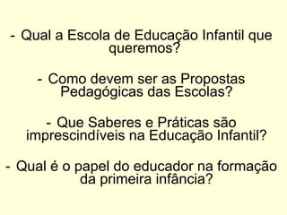 Qual a Escola de Educação Infantil que queremos?  Como devem ser as Propostas Pedagógicas das Escolas? Que Saberes e Práticas são imprescindíveis na Educação Infantil? Qual é o papel do educador na formação da primeira infância? 