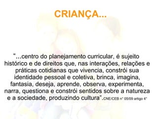 CRIANÇA... “ ... centro do planejamento curricular, é sujeito histórico e de direitos que, nas interações, relações e práticas cotidianas que vivencia, constrói sua identidade pessoal e coletiva, brinca, imagina, fantasia, deseja, aprende, observa, experimenta, narra, questiona e constrói sentidos sobre a natureza e a sociedade, produzindo cultura”. CNE/CEB n° 05/09 artigo 4° 