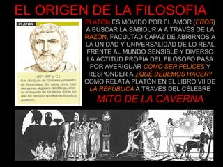 EL ORIGEN DE LA FILOSOFIA
         PLATÓN ES MOVIDO POR EL AMOR (EROS)
         A BUSCAR LA SABIDURÍA A TRAVÉS DE LA
         RAZÓN, FACULTAD CAPAZ DE ABRIRNOS A
         LA UNIDAD Y UNIVERSALIDAD DE LO REAL
         FRENTE AL MUNDO SENSIBLE Y DIVERSO
          LA ACTITUD PROPIA DEL FILÓSOFO PASA
           POR AVERIGUAR CÓMO SER FELICES Y
          RESPONDER A ¿QUÉ DEBEMOS HACER?
         COMO RELATA PLATÓN EN EL LIBRO VII DE
           LA REPÚBLICA A TRAVÉS DEL CÉLEBRE
            MITO DE LA CAVERNA
 
