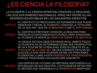 ¿ES CIENCIA LA FILOSOFIA?
 LA FILOSOFÍA Y LA CIENCIA INTENTAN CONOCER LA REALIDAD,
 LAS DOS SON SABERES RACIONALES. PERO HAY ENTRE ELLAS
   DIFERENCIAS NOTABLES EN LOS SIGUIENTES ASPECTOS:
        AL CIENTÍFICO LE PREOCUPAN LOS FENÓMENOS QUE PUEDA
ACTITUD OBSERVAR Y MEDIR; AL FILÓSOFO, CONOCER LA TOTALIDAD
        DE LO QUE HAY, QUÉ ES LA REALIDAD Y QUÉ EL SER HUMANO
        EL CIENTÍFICO PRETENDE CONOCER LA REALIDAD PARA
INTERÉS PREDECIR ACONTECIMIENTOS FUTUROS, PARA INTERVENIR;
        AL FILÓSOFO LE MUEVE EL DESEO DE SABER Y DE SER FELIZ
         LA CIENCIA ESTUDIA OBJETOS DADOS EN EL ÁMBITO FÍSICO;
         LA FILOSOFÍA HA DE DETERMINAR DESDE QUÉ PERSPECTIVA
         SE VA A OCUPAR DE LA REALIDAD, PUES SU OBJETO ES LA
OBJETO   TOTALIDAD DE LO QUE HAY. EN QUÉ CONSISTE ÉSTA NO ES
         ALGO EN LO QUE HAYA ACUERDO ENTRE LAS POSICIONES
         FILOSÓFICAS. LLAMO A ESTA PERSPECTIVA TRASCENDENTAL
         PORQUE TRASCIENDE CUALQUIER SER CONCRETO

       LOS CIENTÍFICOS UTILIZAN LOS MÉTODOS ADECUADOS A LA
MÉTODO NATURALEZA DE SUS OBJETOS; LOS FILÓSOFOS OPTAN POR
       EL MÉTODO QUE CONVENGA A LA PERSPECTIVA ADOPTADA
 