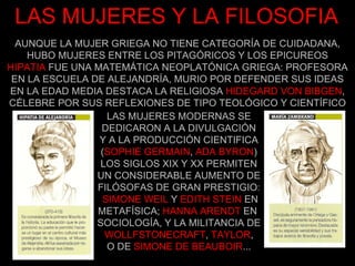 LAS MUJERES Y LA FILOSOFIA AUNQUE LA MUJER GRIEGA NO TIENE CATEGORÍA DE CUIDADANA, HUBO MUJERES ENTRE LOS PITAGÓRICOS Y LOS EPICUREOS HIPATIA   FUE UNA MATEMÁTICA NEOPLATÓNICA GRIEGA: PROFESORA EN LA ESCUELA DE ALEJANDRÍA, MURIO POR DEFENDER SUS IDEAS EN LA EDAD MEDIA DESTACA LA RELIGIOSA   HIDEGARD VON BIBGEN , CÉLEBRE POR SUS REFLEXIONES DE TIPO TEOLÓGICO Y CIENTÍFICO LAS MUJERES MODERNAS SE DEDICARON A LA DIVULGACIÓN Y A LA PRODUCCIÓN CIENTIFICA ( SOPHIE GERMAIN ,  ADA BYRON ) LOS SIGLOS XIX Y XX PERMITEN UN CONSIDERABLE AUMENTO DE FILÓSOFAS DE GRAN PRESTIGIO: SIMONE WEIL  Y  EDITH STEIN  EN METAFÍSICA;  HANNA ARENDT  EN  SOCIOLOGÍA, Y LA MILITANCIA DE  WOLLFSTONECRAFT ,  TAYLOR , O DE  SIMONE DE BEAUBOIR ... 