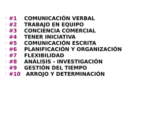 l
    #1    COMUNICACIÓN VERBAL
l
    #2    TRABAJO EN EQUIPO
l
    #3    CONCIENCIA COMERCIAL
l
    #4    TENER INICIATIVA
l
    #5    COMUNICACIÓN ESCRITA
l
    #6    PLANIFICACIÓN Y ORGANIZACIÓN
l
    #7    FLEXIBILIDAD
l
    #8    ANÁLISIS - INVESTIGACIÓN
l
    #9    GESTIÓN DEL TIEMPO
l
    #10    ARROJO Y DETERMINACIÓN
 
