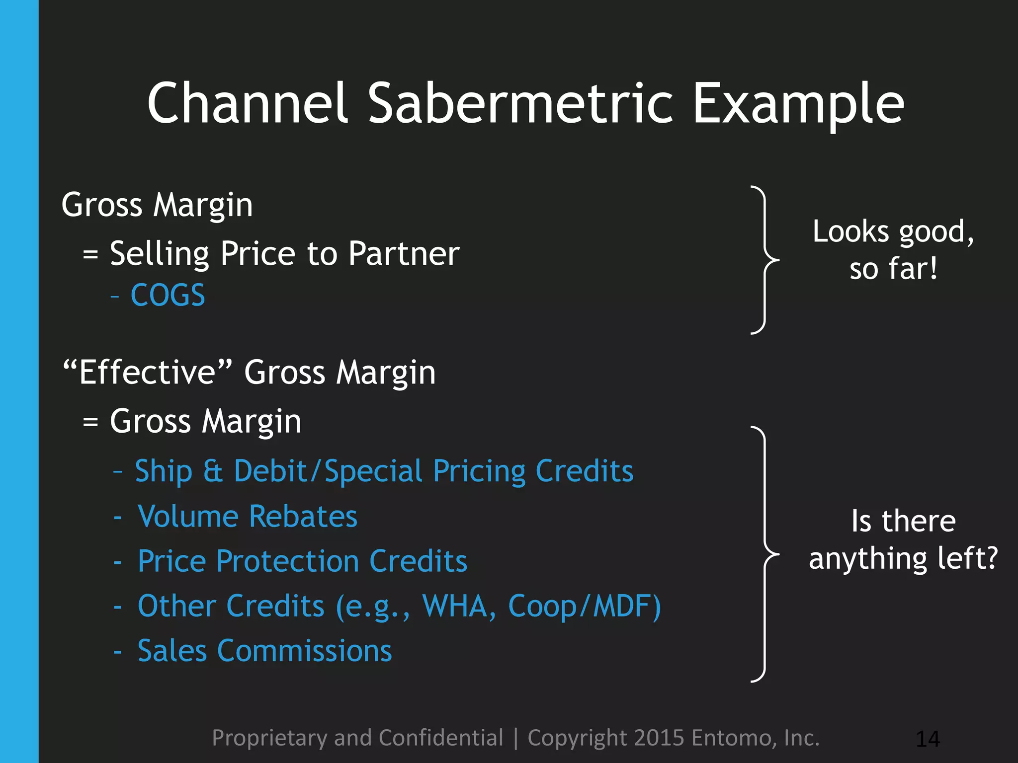 Channel Sabermetric Example
Gross Margin
= Selling Price to Partner
– COGS
Proprietary and Confidential | Copyright 2015 Entomo, Inc. 14
Looks good,
so far!
Is there
anything left?
“Effective” Gross Margin
= Gross Margin
– Ship & Debit/Special Pricing Credits
- Volume Rebates
- Price Protection Credits
- Other Credits (e.g., WHA, Coop/MDF)
- Sales Commissions
 