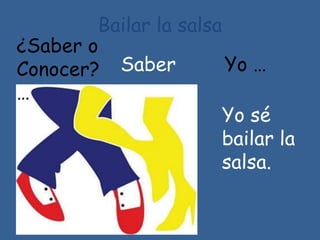 Bailar la salsa
¿Saber o
Conocer?
…
Yo …
Yo sé
bailar la
salsa.
Saber
 