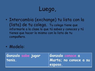 Luego,
• Intercambia (exchange) tu lista con la
(lista) de tu colega. Tu colega tiene que
informarle a la clase lo que tú sabes y conoces y tú
tienes que hacer lo mismo con la lista de tu
compañero.
• Modelo:
Gonzalo sabe jugar
tenis.
Gonzalo conoce a
Marta; no conoce a su
esposo.
 