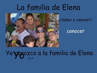La familia de Elena
¿Saber o conocer?
conocer
Yo …Yo conozco a la familia de Elena.
 