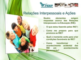 Relações Interpessoais e Ações
           Quatro      elementos      exigem
           respostas acerca das Relações
           Interpessoais na Educação (RIE):
           1.   O que estou fazendo pelas RIE?;
           2.   Como me preparo para que
                promova as RIE?
           3.   Qual o momento certo para criar
                condições favoráveis ás RIE?
           4.   Como     transformar        o
                acontecimento acidental das
                RIE   em        acontecimento
                permanente?
 