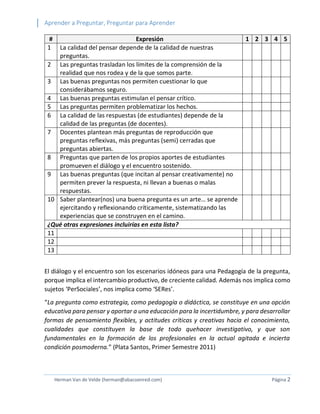 Aprender a Preguntar, Preguntar para Aprender 
Herman Van de Velde (herman@abacoenred.com) Página 2 
# Expresión 1 2 3 4 5 
1 
La calidad del pensar depende de la calidad de nuestras preguntas. 
2 
Las preguntas trasladan los límites de la comprensión de la realidad que nos rodea y de la que somos parte. 
3 
Las buenas preguntas nos permiten cuestionar lo que considerábamos seguro. 
4 
Las buenas preguntas estimulan el pensar crítico. 
5 
Las preguntas permiten problematizar los hechos. 
6 
La calidad de las respuestas (de estudiantes) depende de la calidad de las preguntas (de docentes). 
7 
Docentes plantean más preguntas de reproducción que preguntas reflexivas, más preguntas (semi) cerradas que preguntas abiertas. 
8 
Preguntas que parten de los propios aportes de estudiantes promueven el diálogo y el encuentro sostenido. 
9 
Las buenas preguntas (que incitan al pensar creativamente) no permiten prever la respuesta, ni llevan a buenas o malas respuestas. 
10 
Saber plantear(nos) una buena pregunta es un arte… se aprende ejercitando y reflexionando críticamente, sistematizando las experiencias que se construyen en el camino. 
¿Qué otras expresiones incluirías en esta lista? 
11 
12 
13 
El diálogo y el encuentro son los escenarios idóneos para una Pedagogía de la pregunta, porque implica el intercambio productivo, de creciente calidad. Además nos implica como sujetos ‘PerSociales’, nos implica como ‘SERes’. 
“La pregunta como estrategia, como pedagogía o didáctica, se constituye en una opción educativa para pensar y aportar a una educación para la incertidumbre, y para desarrollar formas de pensamiento flexibles, y actitudes críticas y creativas hacia el conocimiento, cualidades que constituyen la base de todo quehacer investigativo, y que son fundamentales en la formación de los profesionales en la actual agitada e incierta condición posmoderna.” (Plata Santos, Primer Semestre 2011)  