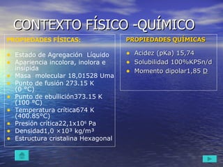 CONTEXTO FÍSICO -QUÍMICO PROPIEDADES QUÍMICAS Acidez (pKa) 15,74 Solubilidad 100%KPSn/d Momento dipolar1,85  D PROPIEDADES FÍSICAS: Estado de Agregación  Líquido  Apariencia incolora, inolora e insípida Masa  molecular 18,01528 Uma Punto de fusión 273.15 K  (0 °C) Punto de ebullición373.15 K (100 °C) Temperatura crítica674 K (400.85°C) Presión crítica22,1x10 6  Pa Densidad1,0 ×10³ kg/m³ Estructura cristalina Hexagonal 