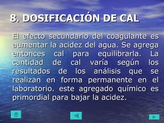 8. DOSIFICACIÓN DE CAL   El efecto secundario del coagulante es aumentar la acidez del agua. Se agrega entonces cal para equilibrarla. La cantidad de cal varía según los resultados de los análisis que se realizan en forma permanente en el laboratorio. este agregado químico es primordial para bajar la acidez.  