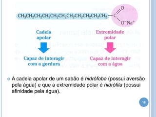

A cadeia apolar de um sabão é hidrófoba (possui aversão
pela água) e que a extremidade polar é hidrófila (possui
afinidade pela água).
16

 