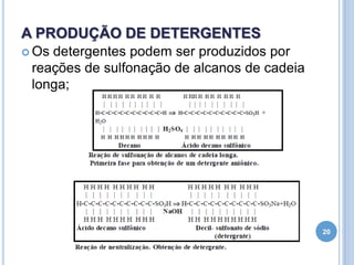 A PRODUÇÃO DE DETERGENTES
 Os

detergentes podem ser produzidos por
reações de sulfonação de alcanos de cadeia
longa;

20

 