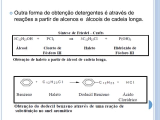 

Outra forma de obtenção detergentes é através de
reações a partir de alcenos e álcoois de cadeia longa.

21

 