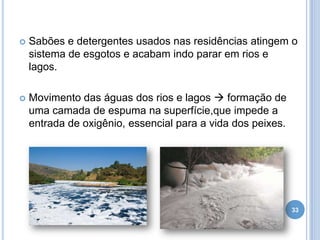 

Sabões e detergentes usados nas residências atingem o
sistema de esgotos e acabam indo parar em rios e
lagos.



Movimento das águas dos rios e lagos  formação de
uma camada de espuma na superfície,que impede a
entrada de oxigênio, essencial para a vida dos peixes.

33

 