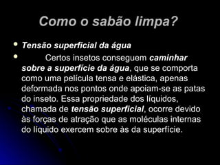Como o sabão limpa?
Como o sabão limpa?
 Tensão superficial da água
Tensão superficial da água
 Certos insetos conseguem
Certos insetos conseguem caminhar
caminhar
sobre a superfície da água
sobre a superfície da água, que se comporta
, que se comporta
como uma película tensa e elástica, apenas
como uma película tensa e elástica, apenas
deformada nos pontos onde apoiam-se as patas
deformada nos pontos onde apoiam-se as patas
do inseto. Essa propriedade dos líquidos,
do inseto. Essa propriedade dos líquidos,
chamada de
chamada de tensão superficial
tensão superficial, ocorre devido
, ocorre devido
às forças de atração que as moléculas internas
às forças de atração que as moléculas internas
do líquido exercem sobre às da superfície.
do líquido exercem sobre às da superfície.
 