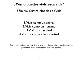 ¿Cómo puedes vivir esta vida?
Sólo hay Cuatro Modelos deVida
1.Vivir como un animal
2.Vivir como un humano
3.Vivir por un ideal
4.Vivir por y para lo espiritual
Obvio: puedes hacer un mix de cuatro, tres o dos de ellos o puedes tener un
porcentaje o una probadita de cada uno de ellos.
6
 