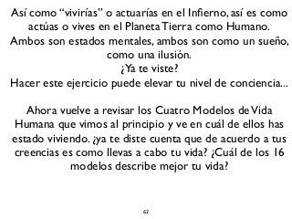 62
Así como “vivirías” o actuarías en el Inﬁerno, así es como
actúas o vives en el Planeta Tierra como Humano.
Ambos son estados mentales, ambos son como un sueño,
como una ilusión.
¿Ya te viste?
Hacer este ejercicio puede elevar tu nivel de conciencia...
Ahora vuelve a revisar los Cuatro Modelos deVida
Humana que vimos al principio y ve en cuál de ellos has
estado viviendo. ¿ya te diste cuenta que de acuerdo a tus
creencias es como llevas a cabo tu vida? ¿Cuál de los 16
modelos describe mejor tu vida?
 